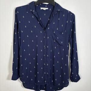 Beach Lunch Lounge Button Down Navy Anchor Printed Blouse Navy XS V Neck Viscose